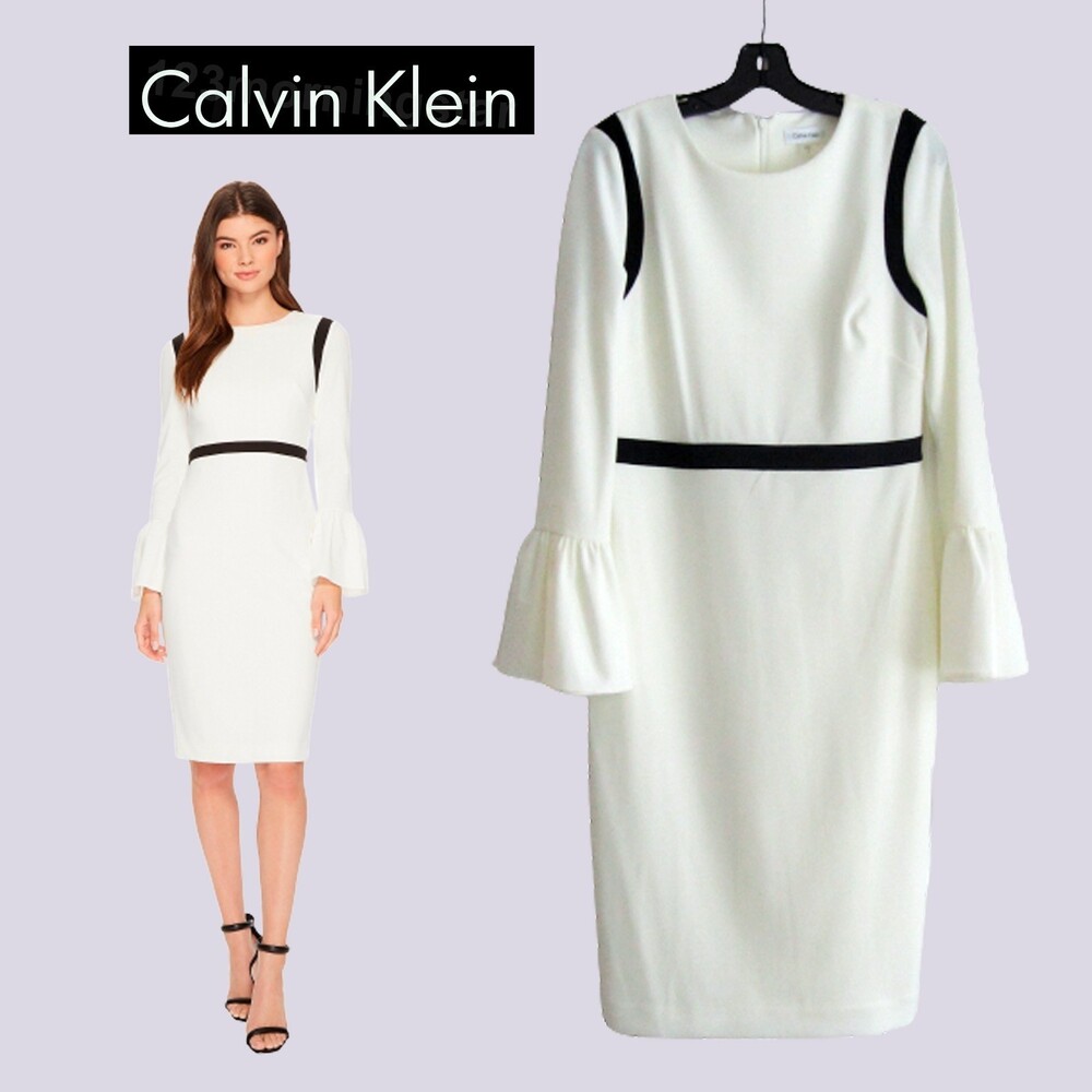 CALVIN KLEIN NEW Old Money Colorblock Bell Sleeves Piping Trim Dress 10